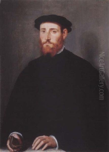 Portrait Of A Man, Called Jacobus Scharon, In Black Costume And Black Hat, His Gloves In His Right Hand Oil Painting by Willem Key