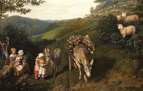 Feeding The Donkey Oil Painting by Friedrich Wilhelm Keyl