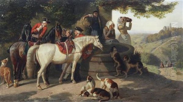 Hunting Party Stopping At A Fountain Oil Painting by Friedrich Wilhelm Keyl