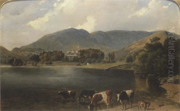 Cattle Beside A Lake With A Country House Beyond Oil Painting by Friedrich Wilhelm Keyl