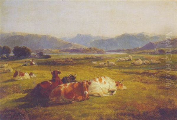 Cattle And Sheep Resting In A Mountainous River Landscape Oil Painting by Friedrich Wilhelm Keyl