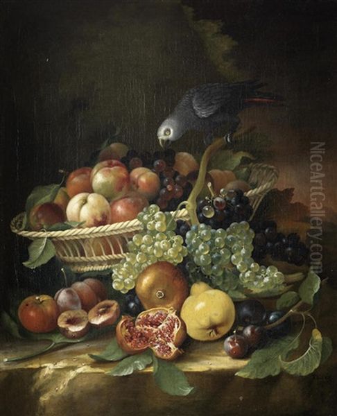 Pomegranates, Plums, Grapes And A Basket Of Fruit On A Stone Ledge With A Parrot Oil Painting by Thomas Keyse