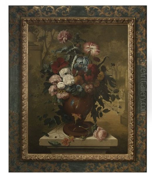 Still Life With Roses, Irises And Other Flowers In An Urn Oil Painting by Thomas Keyse