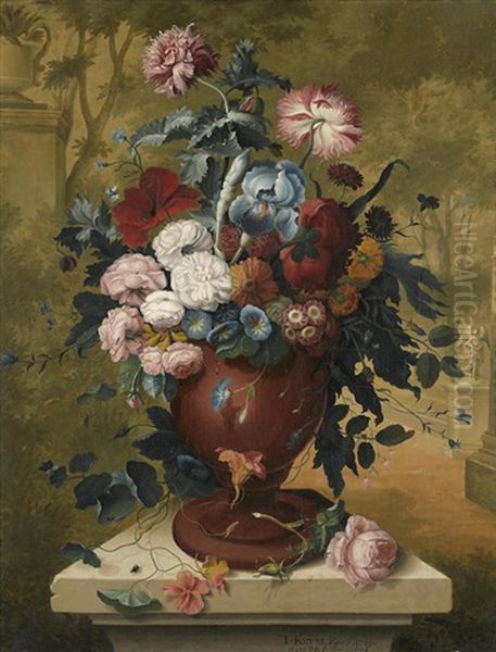 Roses, Irises And Other Flowers In An Urn Oil Painting by Thomas Keyse