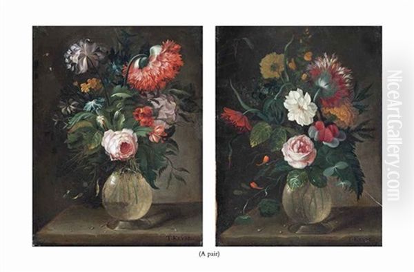 A Rose, A Marigold, Convolvulus And Other Flowers In A Glass Vase On A Stone Ledge And A Rose, A Poppy, Buttercups And Other Flowers (pair) Oil Painting by Thomas Keyse