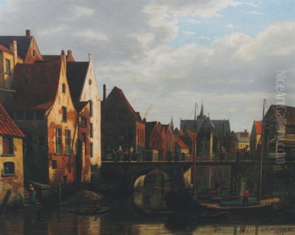 View Of Notre Dame, Bruges From The River Oil Painting by Albert De Keyser