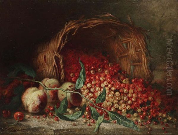 Nature Morte Aux Groseilles Et Peches Dans Un Panier Oil Painting by Albert De Keyser