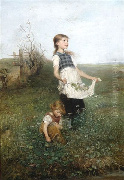 Zwei Junge Madchen Beim Blumenpflucken Oil Painting by Emil Keyser