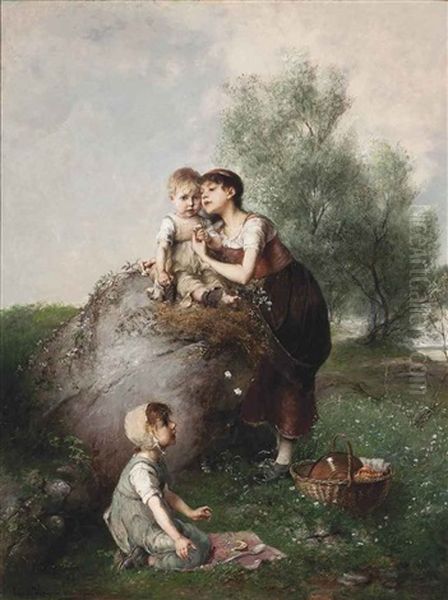 Picking Flowers At The Picnic Oil Painting by Emil Keyser