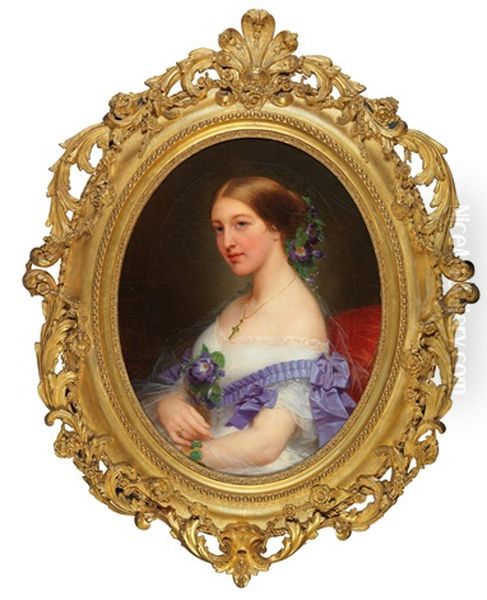 Portrait Of A Lady With Decorative Flowers Oil Painting by Nicaise de Keyser