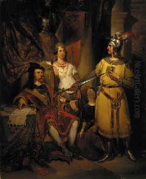 Figures In An Interior Oil Painting by Nicaise de Keyser