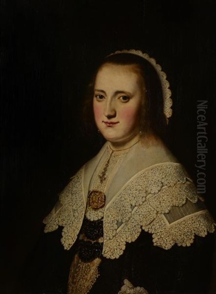 Portrait Of A Lady, Half-length, In A Black Dress With An Elaborate Lace Collar Oil Painting by Thomas De Keyser