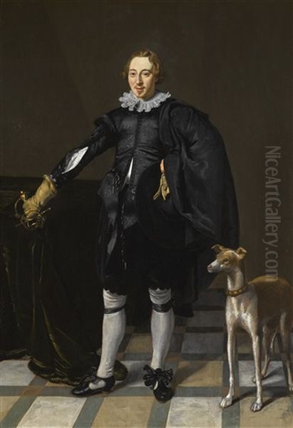 Portrait Of A Gentleman, Full-length, Holding His Sword And A Hat, With A Dog In An Interior Oil Painting by Thomas De Keyser