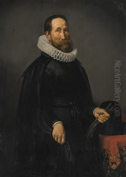 Portrait Of A Gentleman, Three-quarter Length, With A White Ruff And Holding Gloves Oil Painting by Thomas De Keyser