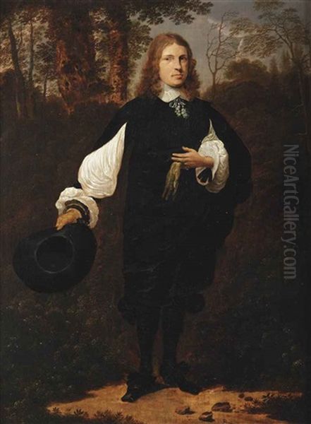 Portrait Of A Gentleman, Full-length, In A Black Costume With White Sleeves, Cuffs And Collar, Holding His Hat In His Right Hand And A Glove In His Left Hand, Standing In Wooded Landscape Oil Painting by Thomas De Keyser