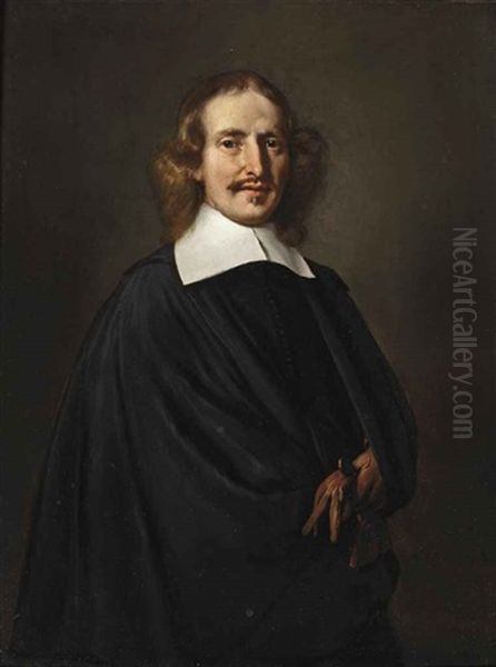 Portrait Of A Gentleman In A Black Costume With A White Collar, Holding A Glove Oil Painting by Thomas De Keyser