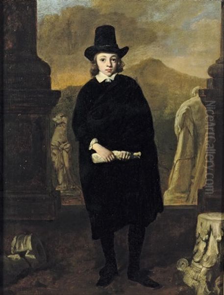 Portrait Of A Young Man Standing Amongst Classical Sulpture, A Landscape Beyond Oil Painting by Thomas De Keyser