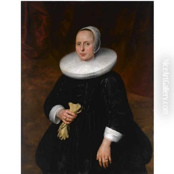 A Portrait Of A Lady, Wearing A Black Dress With A Mill-stone Collar And A White Bonnet, Holding Gloves Oil Painting by Thomas De Keyser