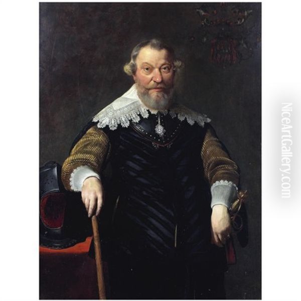 A Portrait Of Wembrich Van Berchem, Rear-admiral Of Holland And West-friesland, Standing, Wearing A Gorget And A Black Costume With Gold Sleeves, Next To A Table With A Helmet Oil Painting by Thomas De Keyser