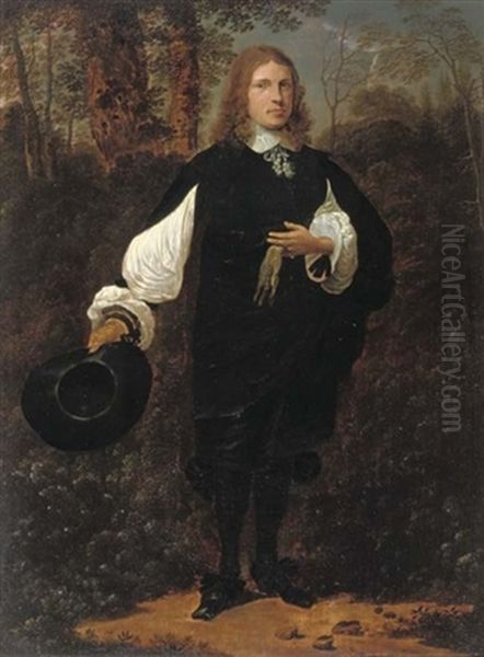 Portrait Of A Gentleman In A Black Costume With White Sleeves, Cuffs And Collar, Holding His Hat In His Right Hand And A Glove In His Left Hand Oil Painting by Thomas De Keyser