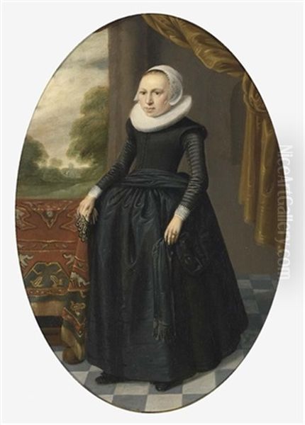 A Portrait Of A Lady Wearing A Black Dress With Lace Collar And Bonnet Oil Painting by Thomas De Keyser