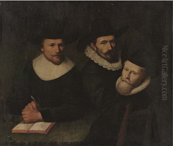 Portrait Of Three Gentlemen, Seated, Half-length, At A Table Oil Painting by Thomas De Keyser