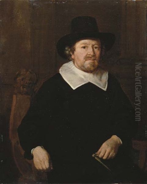 Portrait Of A Gentleman In A Black Costume With White Collar And Black Hat, A Compass In His Left Hand Oil Painting by Thomas De Keyser