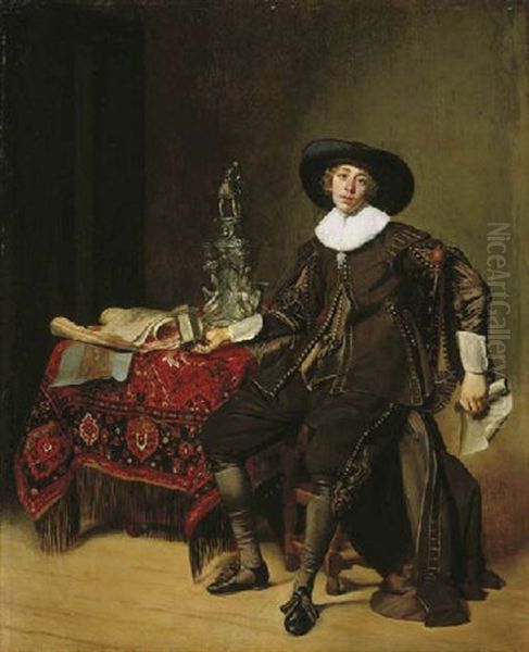 Portrait Of A Silversmith (christian Van Vianen?) In Brown Costume And A Black Hat Holding A Drawing And A Salt Cellar, At A Carpeted Table Oil Painting by Thomas De Keyser