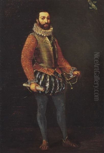 Portrait Of A Gentleman, Wearing A Gold Brocaded Tunic And Armour, His Left Hand Holding A Sword Oil Painting by Thomas De Keyser