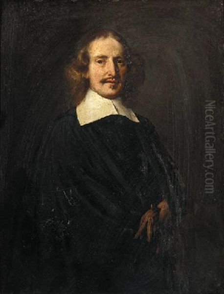 Portrait Of A Gentleman In A Black Costume, A Pair Of Gloves In His Hand Oil Painting by Thomas De Keyser