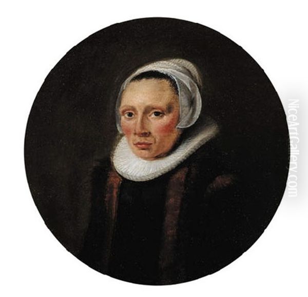 Portrait Of A Woman Wearing A Black Dress With A Vlieger, Lace Collar And Bonnet Oil Painting by Thomas De Keyser