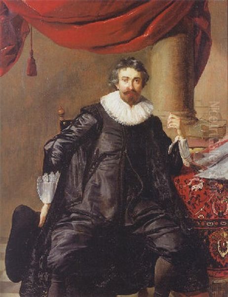 Portrait Of A Gentleman Seated By A Table, Wearing Black Costume With Lace Collar And Cuffs, Holding A Hat In His Right Hand Oil Painting by Thomas De Keyser