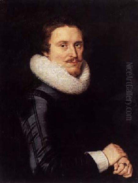 Portrait Of A Bearded Man Wearing Black Costume With White Lace Collar And Cuffs Oil Painting by Thomas De Keyser