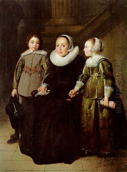 Portrait Of A Lady In A Black Dress With Her Son Holding A Hat And Her Daughter Holding A Doll Oil Painting by Thomas De Keyser