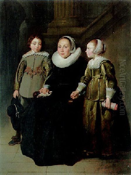 Portrait Of A Lady Seated In A Black Dress With Her Son And Daughter Oil Painting by Thomas De Keyser