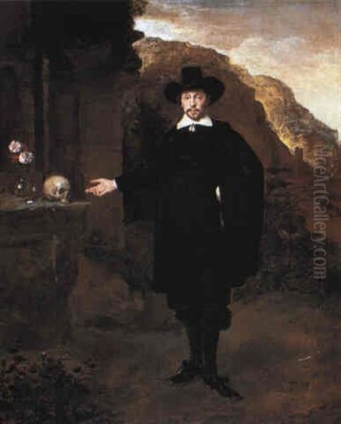 Portrait Of A Gentleman Gesturing Towards A Skull And Flowers Oil Painting by Thomas De Keyser