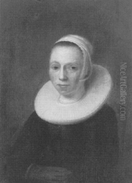 Portrait Of A Woman, Seated Small Half Length, In A Black   Dress With A Ruff And A Cap Oil Painting by Thomas De Keyser