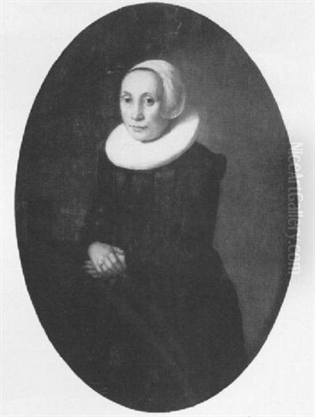 Portrait Of A Lady, Standing Small Three-quarter Length     Wearing A Black Costume With Awhite Ruff And A White Cap Oil Painting by Thomas De Keyser