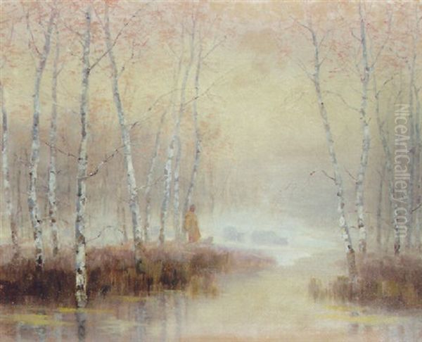 Misty Birch Forest Oil Painting by Laszlo Kezdi-Kovacs