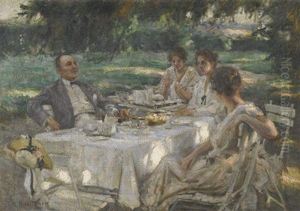 Tea In The Garden Oil Painting by Nikolai Vasilievich Kharitonov