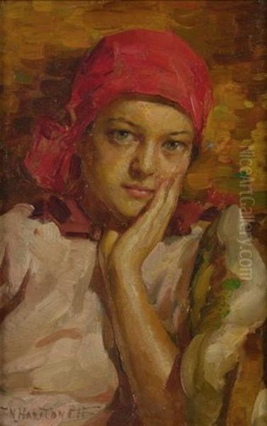 Portrait Of A Girl In A Red Scarf Oil Painting by Nikolai Vasilievich Kharitonov