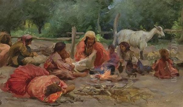 Gypsies By A Campfire Oil Painting by Nikolai Vasilievich Kharitonov