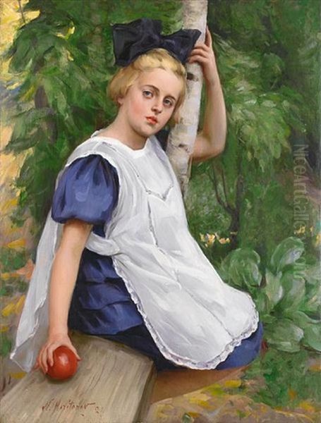 Young Girl With An Apple Oil Painting by Nikolai Vasilievich Kharitonov