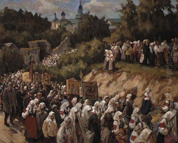 Church Procession At The Pskov Pechersky Monastery 'of The Caves' Oil Painting by Nikolai Vasilievich Kharitonov