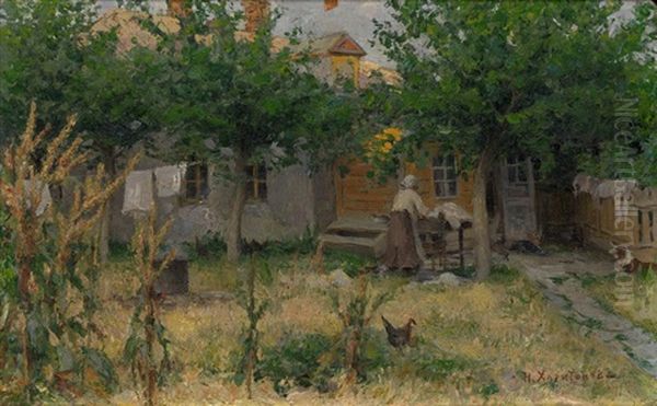 Woman In Courtyard Oil Painting by Nikolai Vasilievich Kharitonov