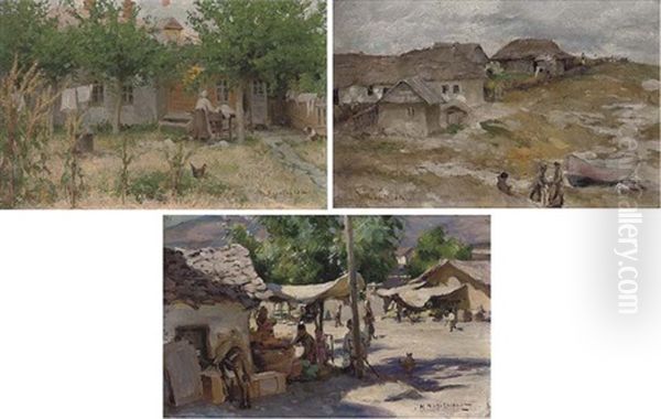 Laundy Day (+ 2 Others; 3 Works) Oil Painting by Nikolai Vasilievich Kharitonov