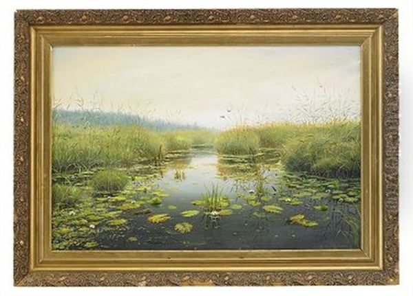 A Pond With Water Lilies Oil Painting by Mikhail Ivanovich Kholodovsky