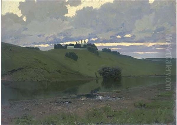 On The Riverbank At Dusk Oil Painting by Mikhail Ivanovich Kholodovsky