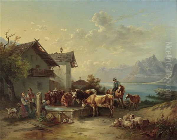 An Der Tranke Oberhalb Eines Alpensees Oil Painting by Josef Khoor