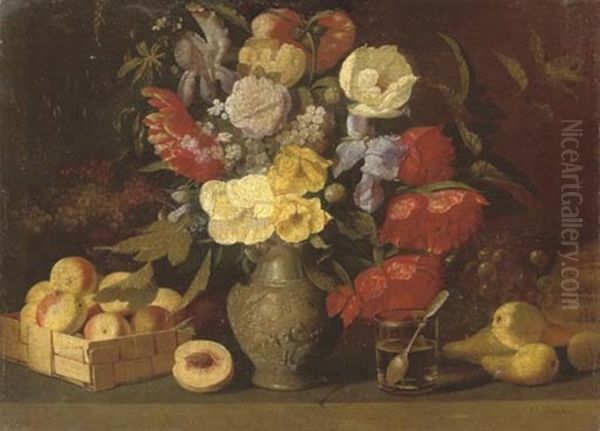 Still Life With Tulips, Carnations And Chrysanthemum In A Stoneware Jug With Peaches, Grapes And Pears On A Marble Ledge Oil Painting by Ivan Fomich Khrutsky